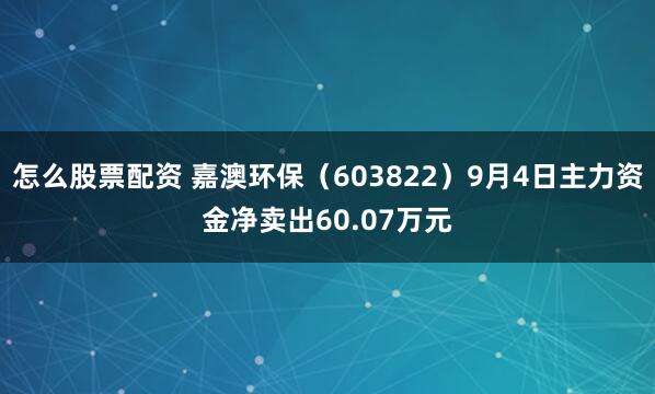 怎么股票配资 嘉澳环保（603822）9月4日主力资金净卖出60.07万元